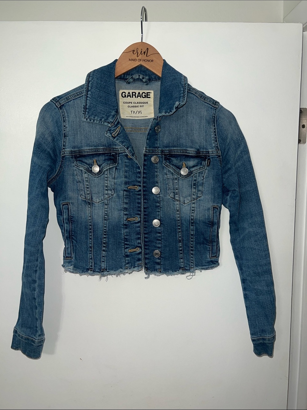 Garage Medium Blue Distressed Cropped Denim Jacket